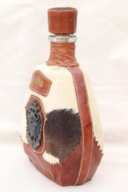 70s vintage Vodka decanter, fur cowhide or horse hair leather wrapped bottle