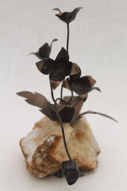 70s vintage art metal sculpture, paperweight rock crystals w/ flowers, minimalist decor