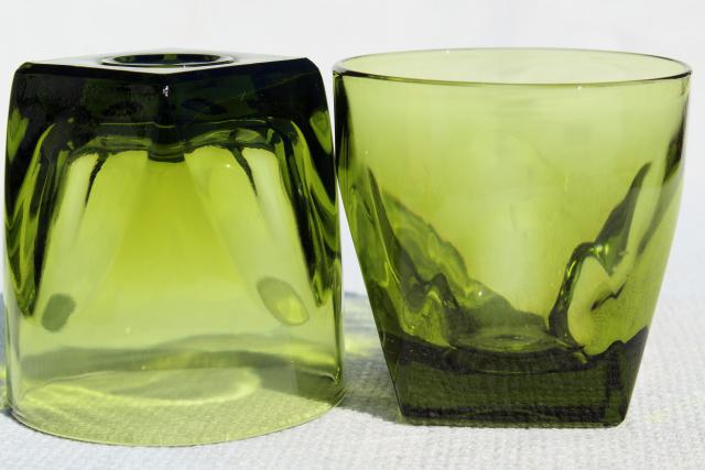70s vintage avocado green glass on the rocks tumblers, Colony square base tumblers