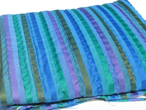 70s vintage bedspread, synthetic silk ribbon stripes, peacock blue colors