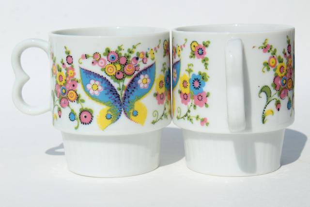 70s vintage ceramic coffee mugs, retro hippie butterflies & daisies print