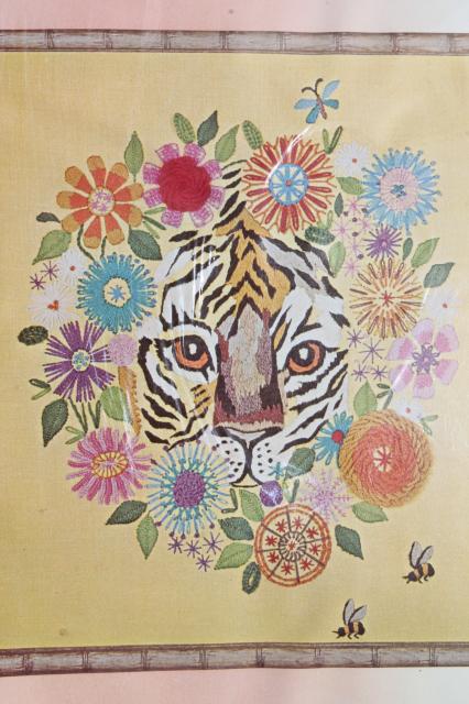 70s vintage crewel work embroidery kit, flower power jungle tiger, mod safari style design