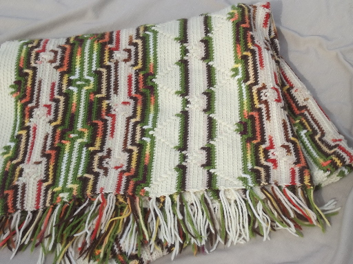 70s vintage crochet Indian blanket or fringed rug, retro hippie afghan