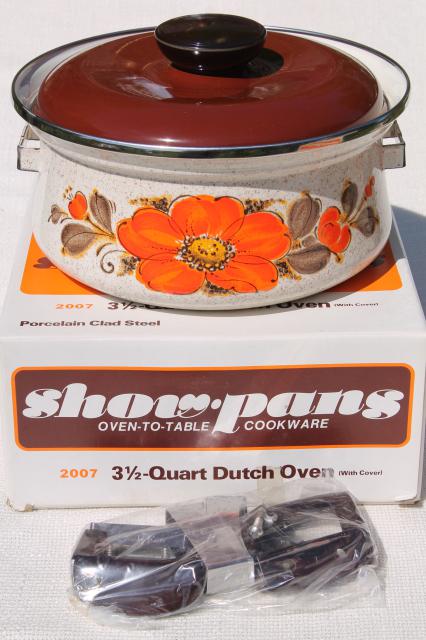 70s vintage enameled steel cookware, Show Pans w/ retro orange flowers, mint in box set