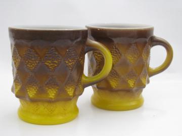 70s vintage Fire-King Kimberly coffee mugs, shaded brown / yellow gold