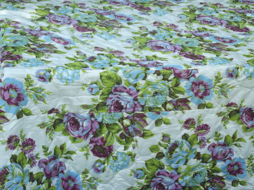 70s vintage floral print bedspread and curtains, retro blue and purple flowers