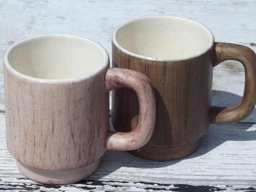 70s vintage handmade ceramic mugs, matte wood grain finish in retro colors