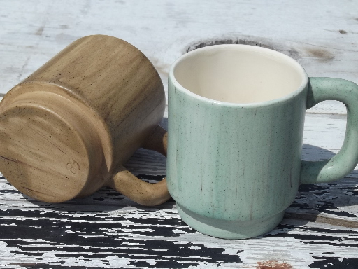 70s vintage handmade ceramic mugs, matte wood grain finish in retro colors