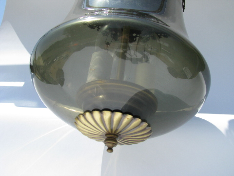 70s vintage hanging light, smoke glass pendant lamp shade