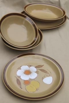 70s vintage heavy stoneware pottery dishes, Hearthside Japan dogwood pattern