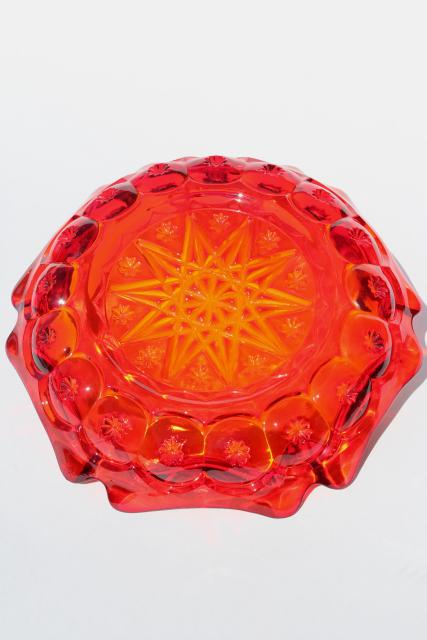70s vintage huge heavy glass ashtray, amberina red orange glass, moon & stars pattern