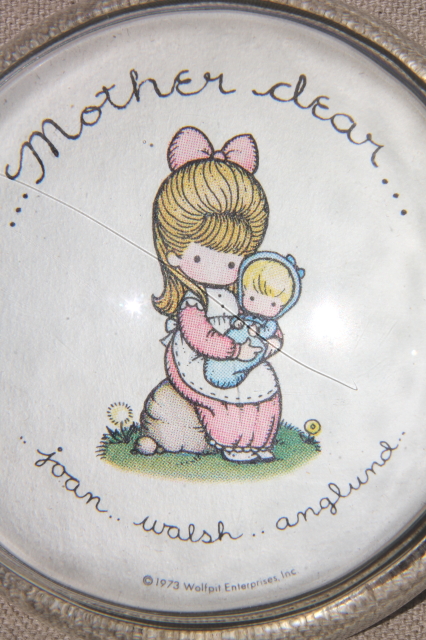 70s vintage Joan Walsh Anglund paperweight, Mother Dear girl w/ baby doll