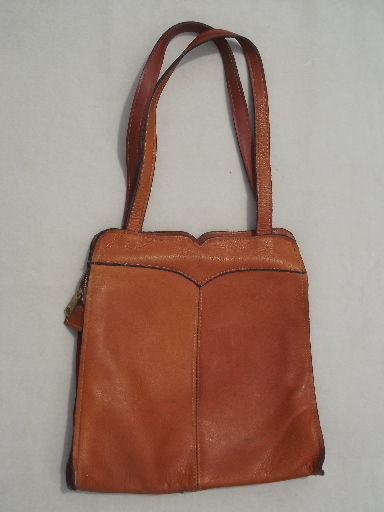 70s vintage leather purse, retro hippie shoulder bag / zip top tote