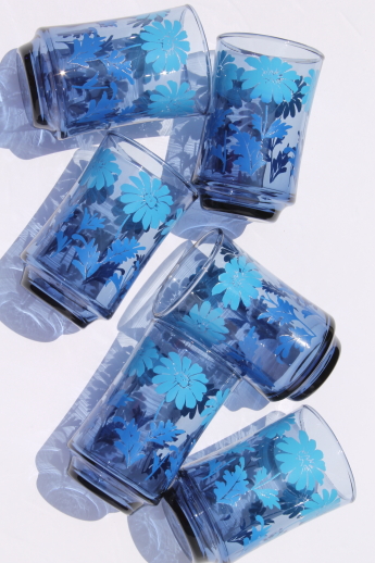 70s vintage Libbey juice glasses set of 6, retro blue fade color w/ daisy print