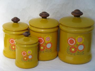 70's vintage metal kitchen canisters, retro flower power daisies!