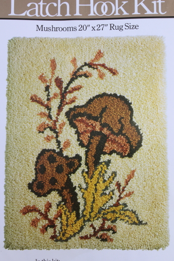 70s vintage mushroom latch hook rug kit, shag wall hanging w/ retro magic mushrooms