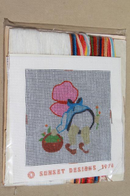 70s vintage needlepoint kits of sue & sam sunbonnet babies, quick point jiffy stitch pics to frame
