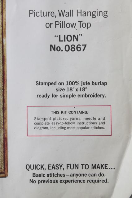 70s vintage needlework kit, retro Crewel Creatures funny lion art embroidery on burlap
