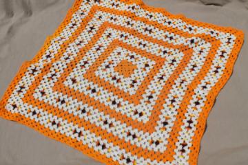 70s vintage orange & white crochet afghan, giant granny square blanket