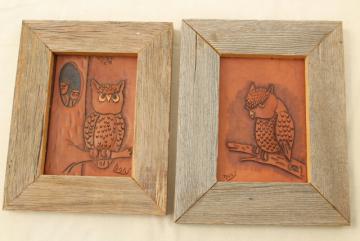 70s vintage owls, hand tooled leather pictures, rustic rough weathered barn wood frames