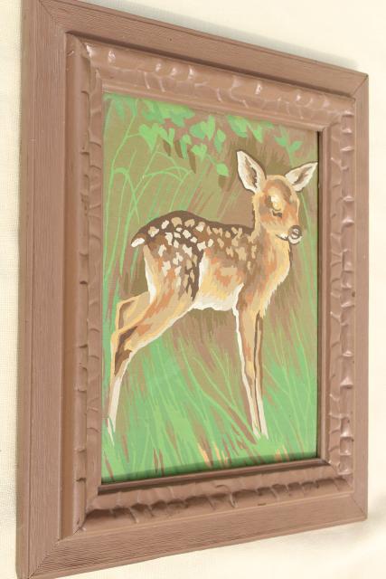 70s vintage paint by number picture, baby deer fawn framed in wood frame