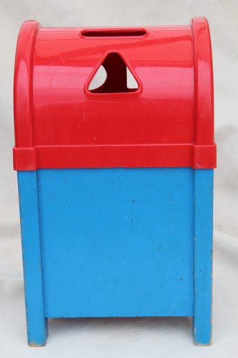 70s vintage Playskool mailbox shape sorter toy with wooden blocks stringing beads