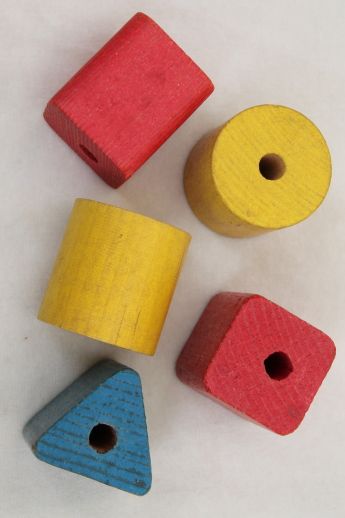 70s vintage Playskool mailbox shape sorter toy with wooden blocks stringing beads