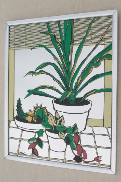 70s vintage prints on glass mirror tiles, hippie houseplants pictures mirrored wall art