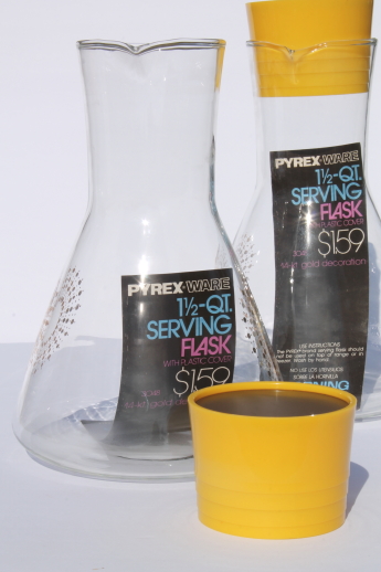 70s vintage Pyrex flasks, heat proof glass carafe bottles w/ lids & original labels