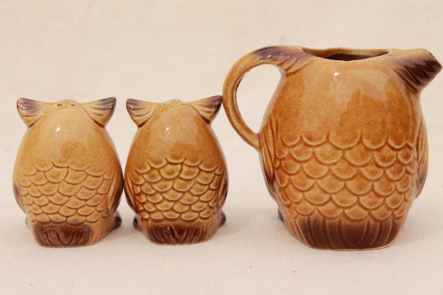 70s vintage retro owl Japan ceramic S&P shakers and pitcher, little brown owls