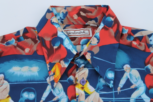 70s vintage silky poly sport shirt, retro prizefighters boxing print sportshirt