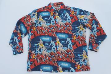 70s vintage silky poly sport shirt, retro prizefighters boxing print sportshirt
