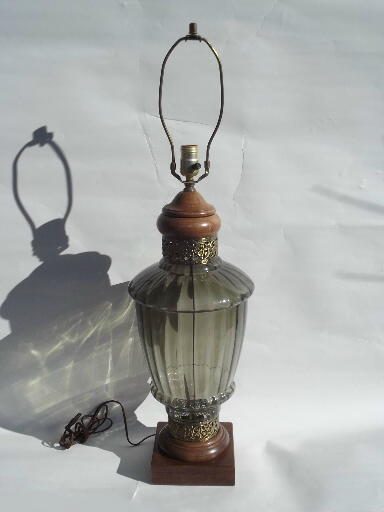 70s vintage smoke grey swag lamp & huge retro glass table lamp to match