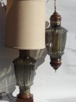 70s vintage smoke grey swag lamp & huge retro glass table lamp to match