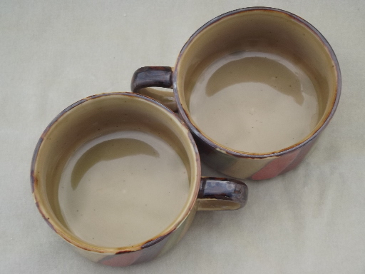 70s vintage soup bowl cups, set of large mugs    reactive glaze stoneware pottery