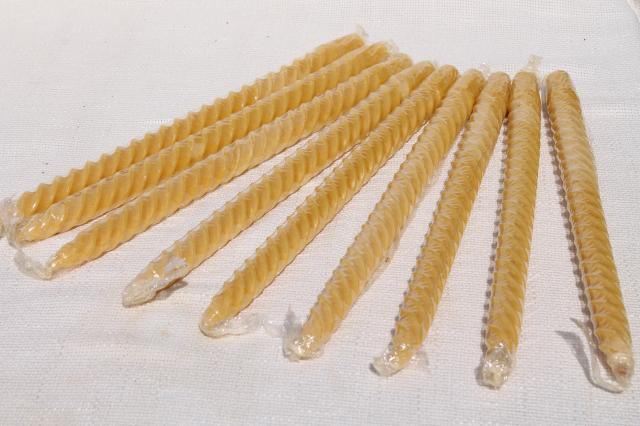 70s vintage spiral twist tall taper candles, natural beeswax amber honey gold color