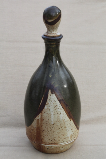 70s vintage studio pottery decanter, rustic hand-crafted stoneware bottle & stopper