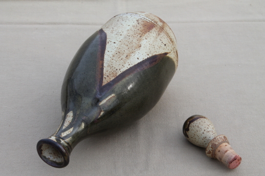 70s vintage studio pottery decanter, rustic hand-crafted stoneware bottle & stopper