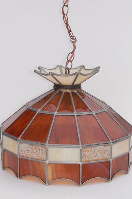 70s vintage swag lamp pendant light w/ amber stained glass leaded glass shade