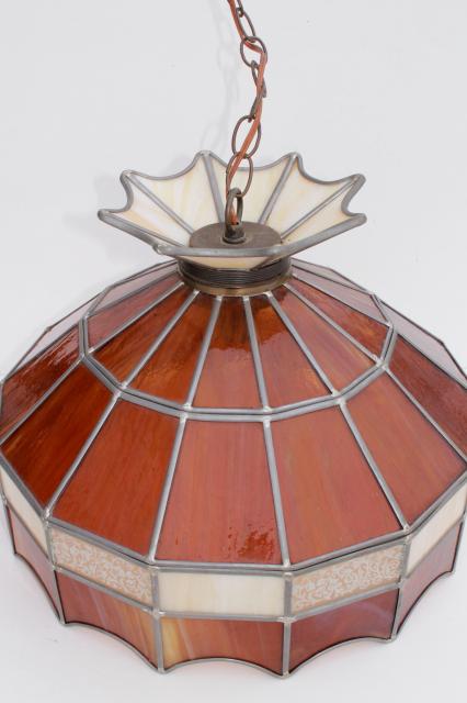70s vintage swag lamp pendant light w/ amber stained glass leaded glass shade