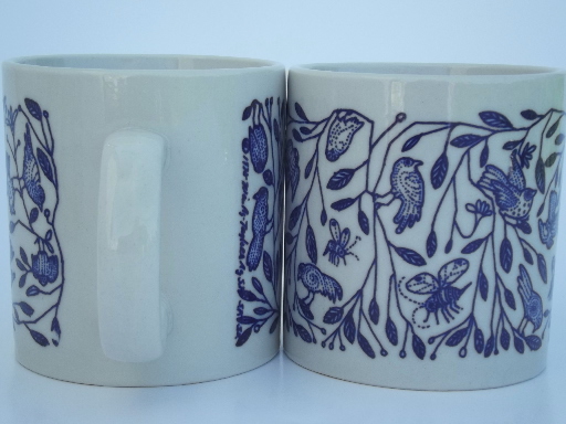 70s vintage Taylor & Ng signed stoneware pottery coffee mugs, blue birds