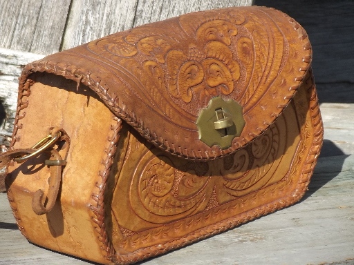 70s vintage tooled leather purse, retro hippie shoulder bag made in Mexico