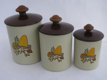 70s vintage West Bend aluminum kitchen canisters, retro spotted mushrooms