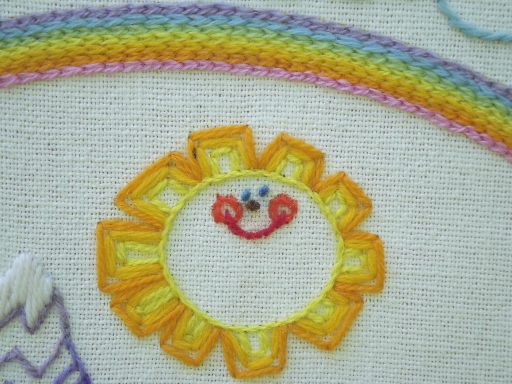 70s vintage wool embroidery picture, America the Beautiful w/ smiling sun