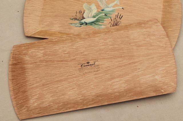 8 vintage Haskelite lap trays, meal or snack tray set w/ white swans wood grain print