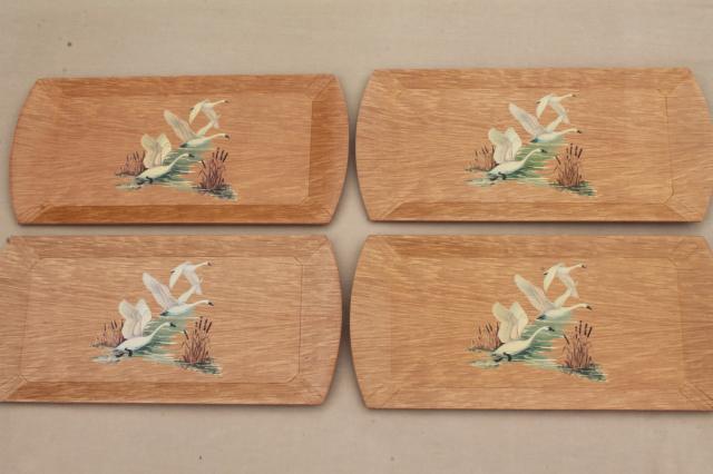 8 vintage Haskelite lap trays, meal or snack tray set w/ white swans wood grain print