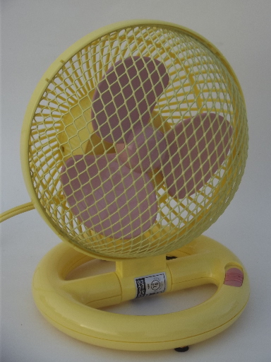 80s retro plastic fan, working electric fan pink blades & yellow cage