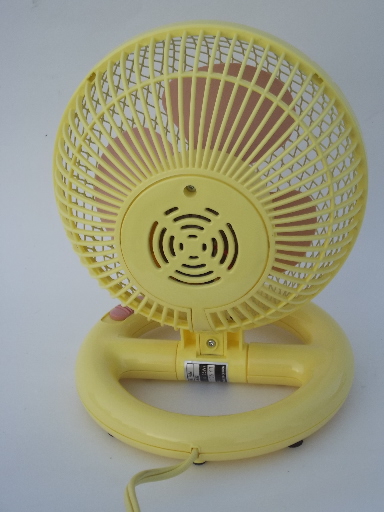 80s retro plastic fan, working electric fan pink blades & yellow cage