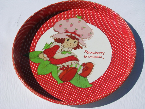 80s retro vintage round metal tray, Strawberry Shortcake