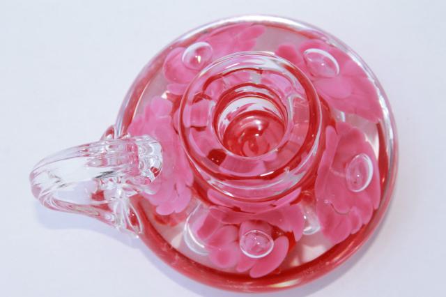 80s vintage St Clair art glass, hand blown glass candlestick and paperweight ashtray